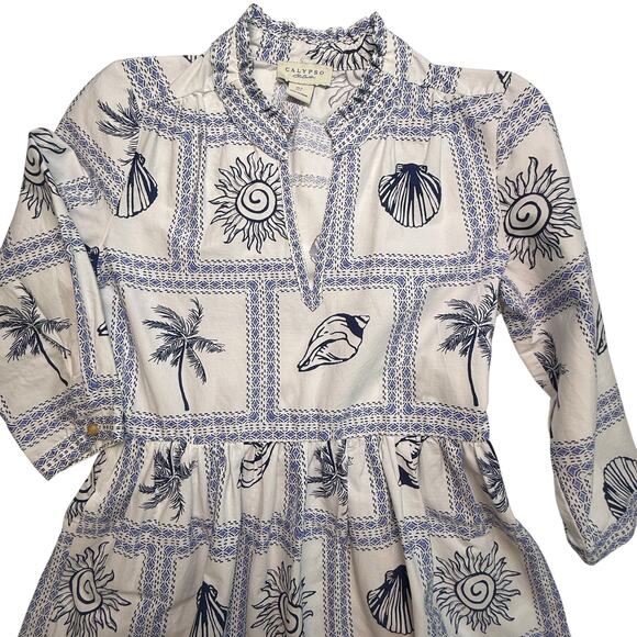 Calypso St. Barth Blue White Seashell Palm Print Cotton Dress Size S - Picture 2 of 16